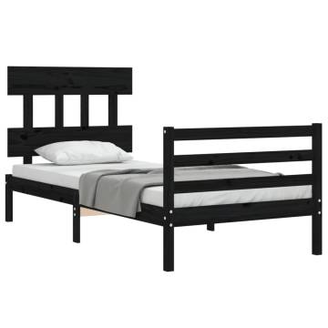 Black Small Single Bed Frame with Headboard - Solid Wood