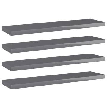 High Gloss Grey Bookshelf Boards - 4 Pcs - 40x10cm