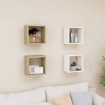 Stylish Wall Cube Shelves 4 pcs - White & Sonoma Oak