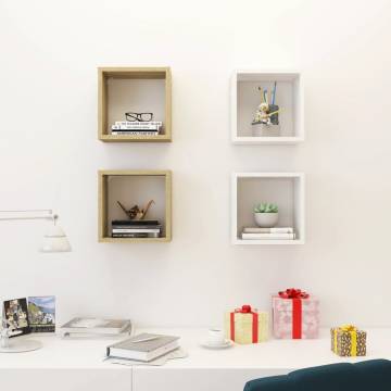 Stylish Wall Cube Shelves 4 pcs - White & Sonoma Oak