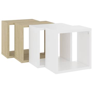 Stylish Wall Cube Shelves 4 pcs - White & Sonoma Oak