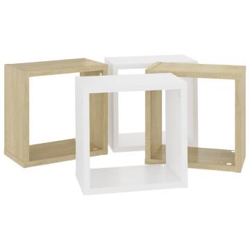 Stylish Wall Cube Shelves 4 pcs - White & Sonoma Oak