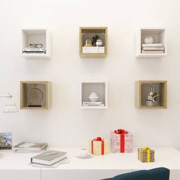 Wall Cube Shelves - 6 pcs White & Sonoma Oak | HipoMarket