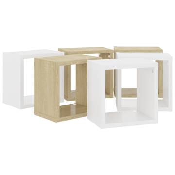 Wall Cube Shelves - 6 pcs White & Sonoma Oak | HipoMarket