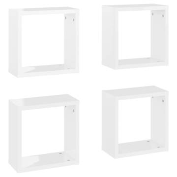 High Gloss White Wall Cube Shelves - 4pcs Set