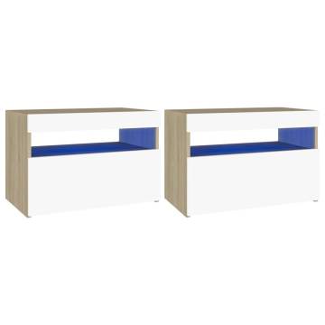 Stylish Bedside Cabinet with LED Lights - 2 pcs White & Oak