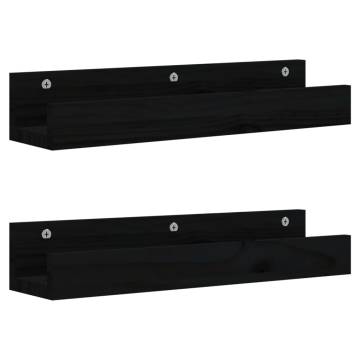 Wall Shelves 2 pcs Black - Solid Pine Wood 50x12x9 cm