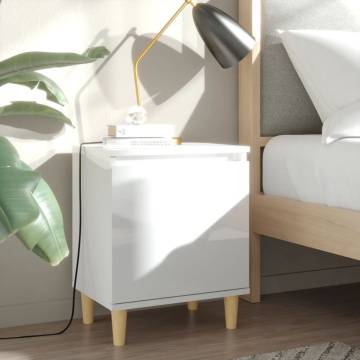 Scandinavian Bed Cabinet with Solid Wood Legs - High Gloss White