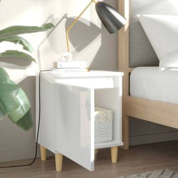 Scandinavian Bed Cabinet with Solid Wood Legs - High Gloss White