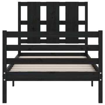 Black Single Bed Frame with Headboard - Solid Pine Wood