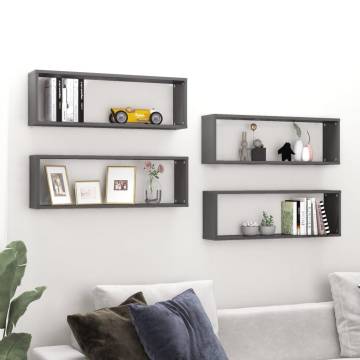 High Gloss Grey Wall Cube Shelf Set - 4 pcs | HipoMarket UK