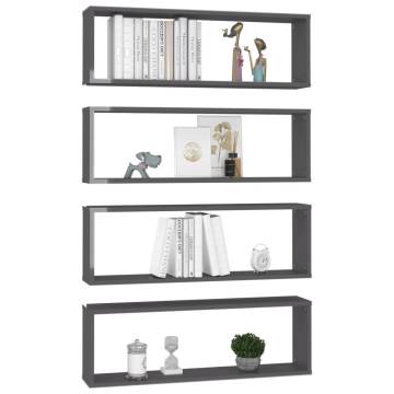 High Gloss Grey Wall Cube Shelf Set - 4 pcs | HipoMarket UK