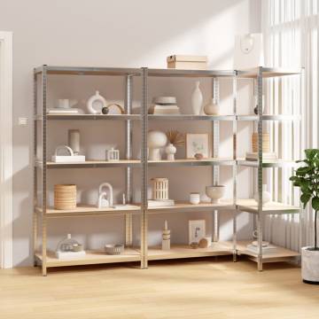 5-Layer Shelves - Sturdy Silver Steel & Engineered Wood Set