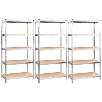 5-Layer Shelves - Sturdy Silver Steel & Engineered Wood Set