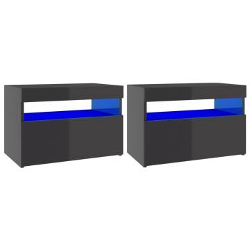 Stylish High Gloss Grey Bedside Cabinet & LED Lights - 2 pcs