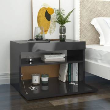 Stylish High Gloss Grey Bedside Cabinet & LED Lights - 2 pcs