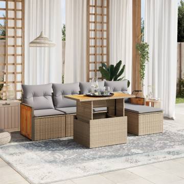 6 Piece Garden Sofa Set with Cushions - Beige Poly Rattan