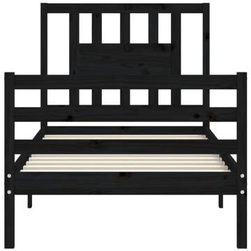 Black Single Bed Frame with Headboard - Solid Wood