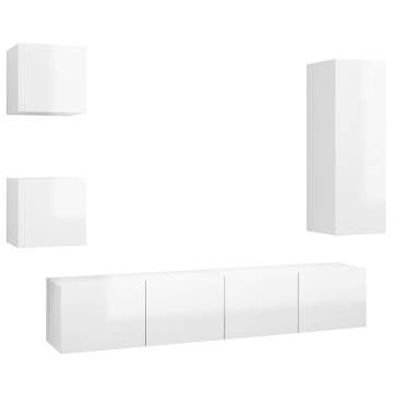 5 Piece High Gloss White TV Cabinet Set - Stylish Storage