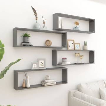 High Gloss Grey Wall Cube Shelf Set - 4 pcs | Hipomarket