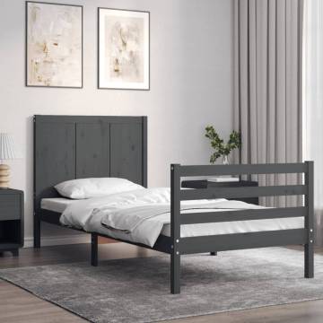 Grey Bed Frame with Headboard - Solid Wood, 90x200 cm