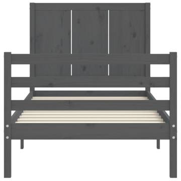 Grey Bed Frame with Headboard - Solid Wood, 90x200 cm