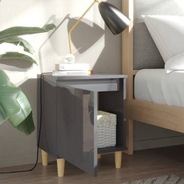 Scandinavian Bed Cabinet with Solid Wood Legs - High Gloss Grey