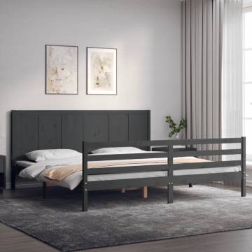 Grey Bed Frame with Headboard - 200x200 cm Solid Wood