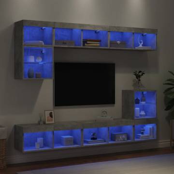 8 Piece Concrete Grey TV Wall Units with LED | Hipomarket