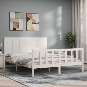 White King Size Bed Frame with Headboard - Solid Wood