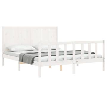 White King Size Bed Frame with Headboard - Solid Wood