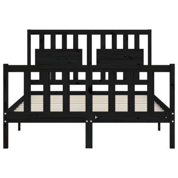 Black Double Bed Frame with Headboard - Solid Pine Wood