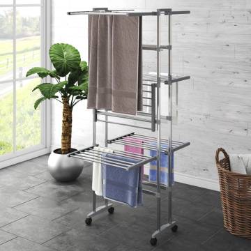 3-Tier Laundry Drying Rack with Wheels - Silver