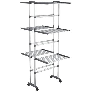 3-Tier Laundry Drying Rack with Wheels - Silver