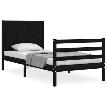 Black Small Single Bed Frame with Headboard - Solid Wood