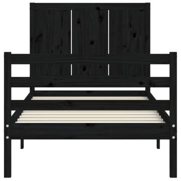 Black Small Single Bed Frame with Headboard - Solid Wood