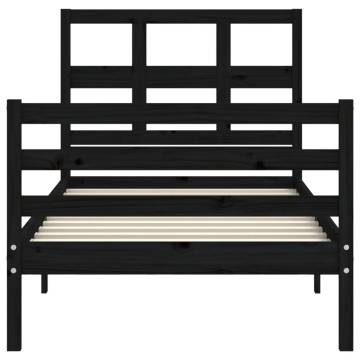 Black Small Single Bed Frame with Headboard - Solid Wood