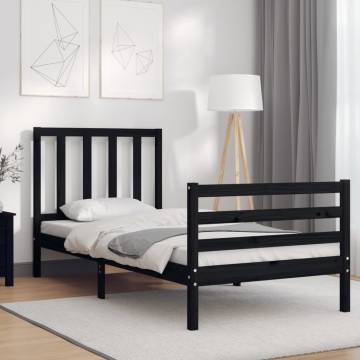 Black Small Single Bed Frame with Headboard - Solid Wood