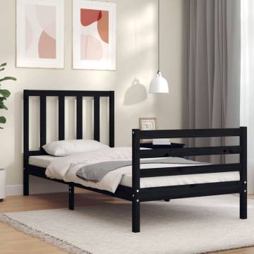 Black Small Single Bed Frame with Headboard - Solid Wood