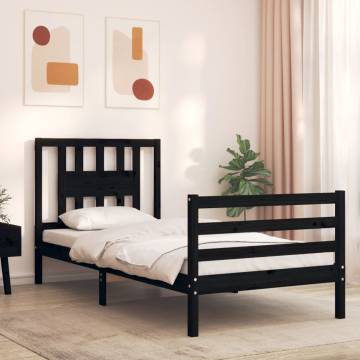 Black Small Single Bed Frame - Solid Wood with Headboard