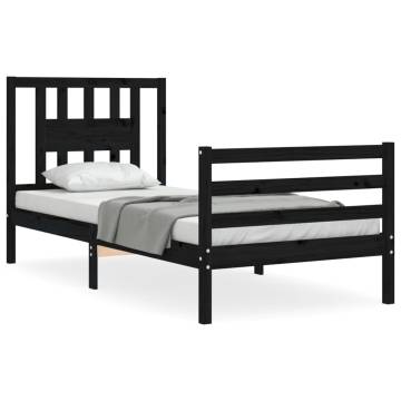 Black Small Single Bed Frame - Solid Wood with Headboard