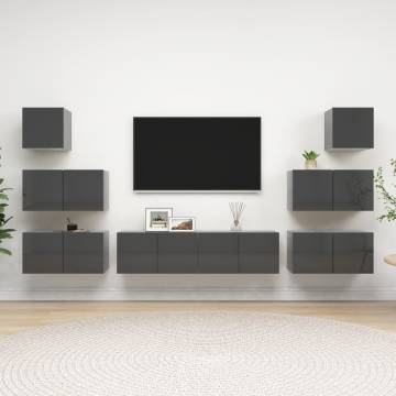 8 Piece High Gloss Grey TV Cabinet Set | Hipomarket