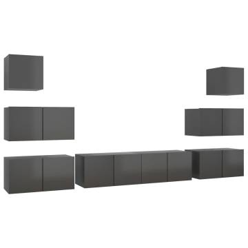 8 Piece High Gloss Grey TV Cabinet Set | Hipomarket