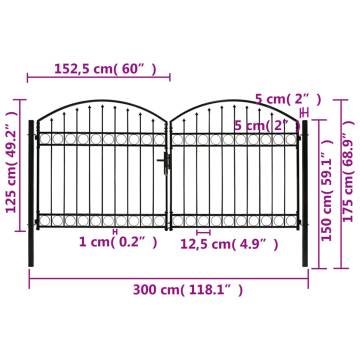 Elegant Arched Top Double Steel Fence Gate - 300x125 cm Black