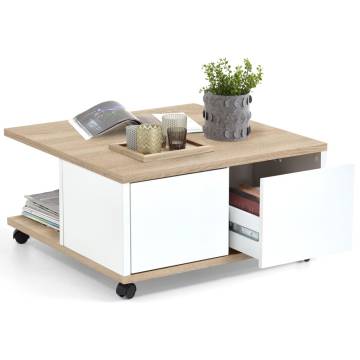 FMD Mobile Coffee Table - Oak & Glossy White | Hipomarket