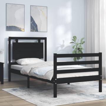 Black Small Single Bed Frame with Headboard | Solid Pine Wood