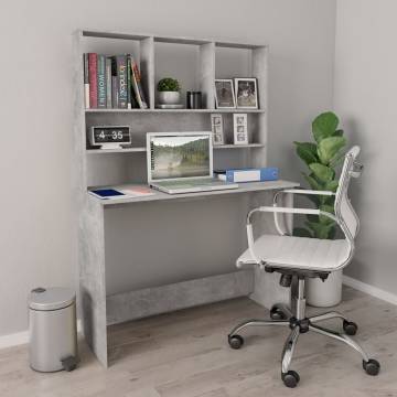 Stylish Desk with Shelf - Concrete Grey, 110x45x157 cm