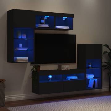 5 Piece TV Wall Units with LED - Black Engineered Wood | HipoMarket