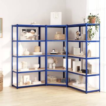 5-Layer Shelves - Blue Steel & Engineered Wood (3 pcs)