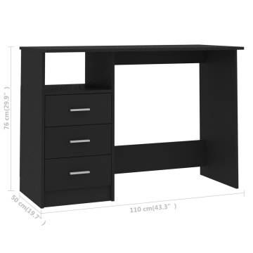 Black Desk with Drawers - 110x50x76 cm Engineered Wood